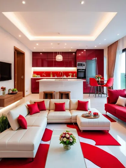 A striking living room and kitchen design with a vibrant red color scheme. The glossy red kitchen cabinets and matching red accents in the living area create a cohesive and energetic space.