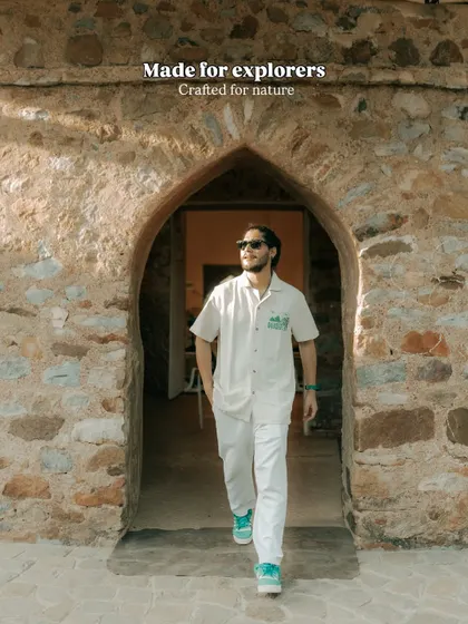 This is from a campaign for Royal Enfield's apparel line. The goal was to create a lifestyle product shot that feels natural, positioning the clothing for explorers and adventurers within a rustic, architectural setting.