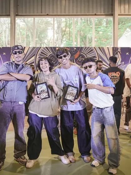 The Hip-Hop battle winner and runner-up with the judges, a moment of respect and recognition for their incredible skill.