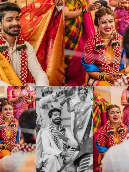 A collage of candid moments from the wedding ceremony, capturing the laughter and joy of the bride and groom as they participate in the rituals.