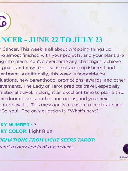 A weekly tarot prediction for Cancer. This week is all about wrapping things up. You're almost finished with your projects, and your plans are falling into place. As one door closes, another one opens, and your next adventure awaits.