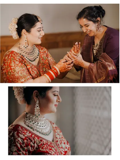 A diptych showing a tender moment between the bride and her mother, who is helping her with her bangles.