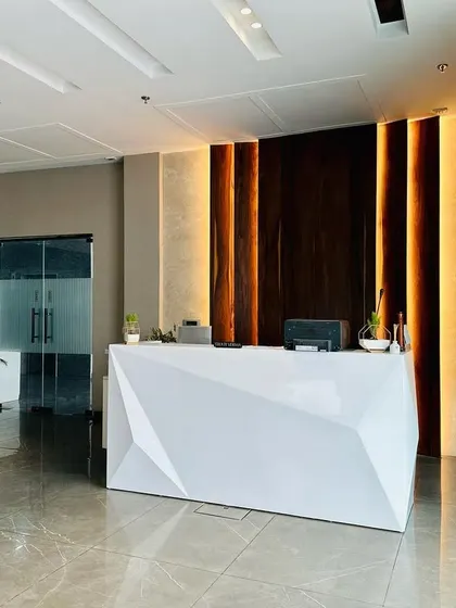 This view shows the reception desk in relation to the main office entrance, marked by frosted glass doors that provide privacy while allowing light to pass through.