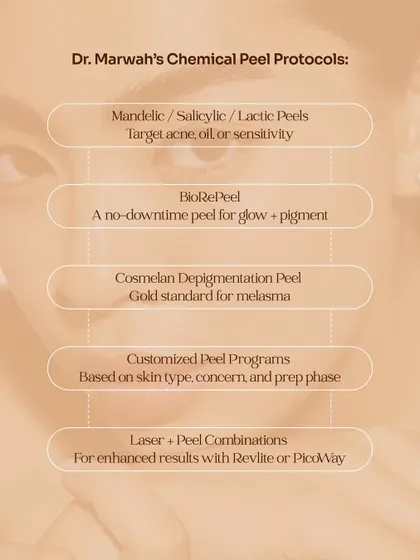 We offer a wide range of chemical peel protocols tailored to your needs. This includes Mandelic or Salicylic peels for acne, BioRePeel for glow, the gold-standard Cosmelan peel for melasma, and customized programs that combine peels with lasers like Revlite or PicoWay.