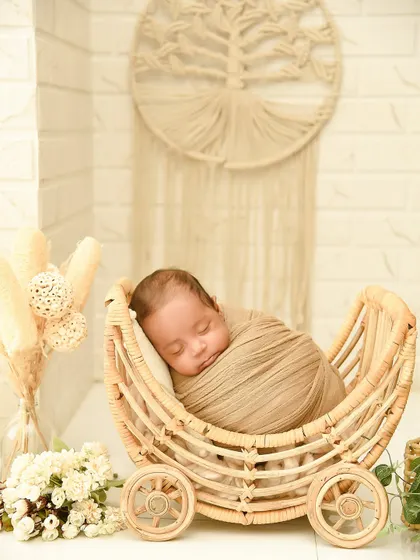 A newborn sleeps soundly in a rustic wicker pram, showcasing a popular boho-themed setup. I use natural textures and earthy tones to create warm, organic, and stylish newborn portraits.