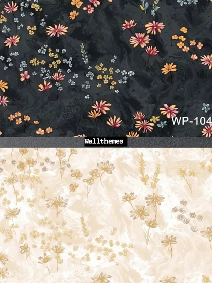 Two color options for a scattered wildflower wallpaper, one on a dark background and one on a light background.