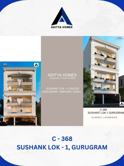 A collage showcasing the classic and luxurious exterior of our C-368 project in Sushant Lok. We build homes that are both solid and tough, and undeniably beautiful.
