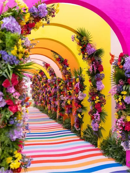 We believe in creating bold and immersive experiences. This spectacular rainbow-themed walkway uses vibrant floral arches and a multi-colored striped carpet to create a stunning visual tunnel for a carnival-themed event.