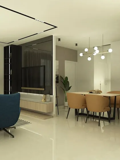 This 3D render shows an open-plan living and dining area. I used a neutral color palette with pops of blue and mustard yellow to create a welcoming and stylish space.