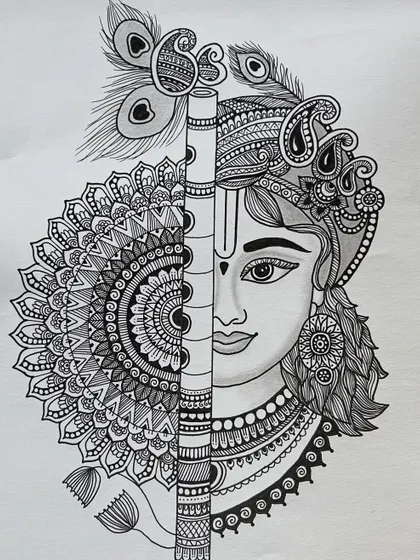A custom commission blending a portrait of Lord Krishna with detailed mandala art. This ink drawing is a perfect example of combining different art forms to create a unique spiritual piece.
