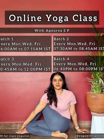 Ready to start your yoga journey from home? I offer multiple batches throughout the day to fit your schedule. Join our community to build a consistent practice with guidance on alignment, breathwork, and using props.