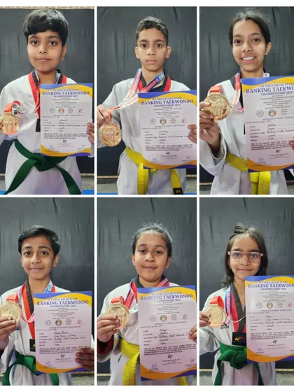 A collage of gold medal winners from the 1st Open Delhi State Ranking Taekwondo Championship. Their focus and performance were exceptional.