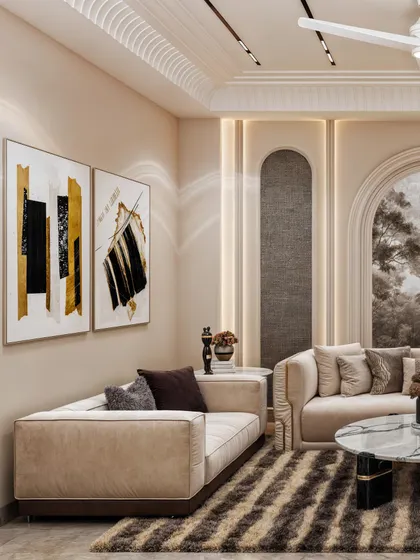 This view highlights the use of abstract art and arched niches with inset textural panels, adding depth and interest to the neutral walls.