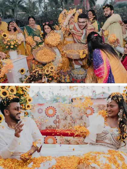 A Haldi ceremony filled with "masti" and "dhamaal." These photos capture the pure joy of guests showering the couple with flower petals in a moment of celebration.