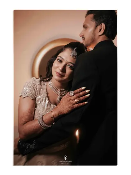 A collage showing the couple in a close embrace, with a mix of color and black and white for an artistic feel.