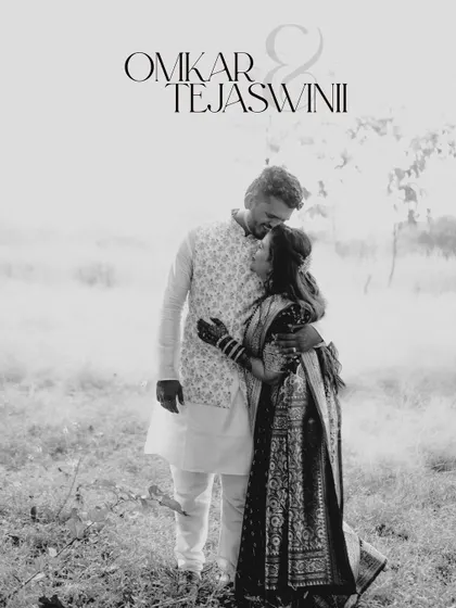A beautiful black and white portrait with a fine art feel. The couple's embrace in the middle of a field, combined with the elegant text, makes for a stunning and romantic image.
