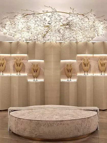 A render of the central lounge area in a luxury jewellery showroom, designed to feel opulent and inviting.