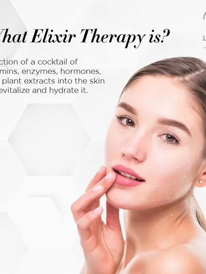 This graphic explains what Elixir Therapy is: an injection of a cocktail of vitamins, enzymes, and plant extracts to revitalize and hydrate the skin.