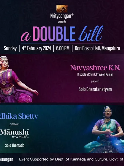 The poster for the 'A Double Bill' event in Mangaluru, presented by Nrityaangan, where I shared the stage with another talented artist.