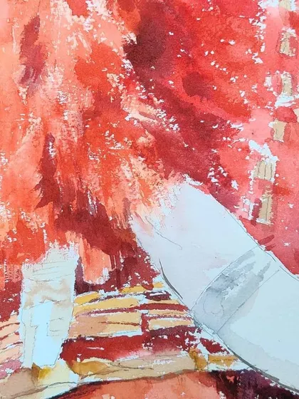 A macro detail of the Naga warrior watercolor. This shows the fine brushwork on the feathered headdress, a testament to the control required for this medium.
