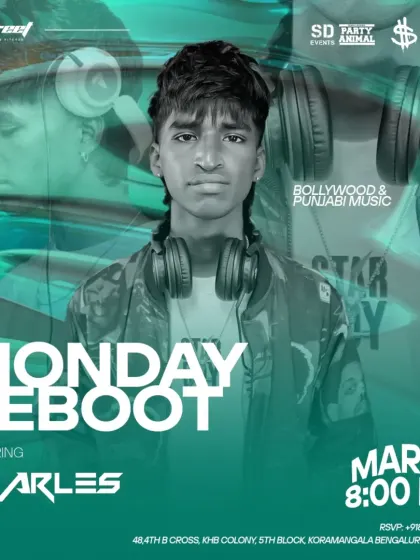 An artist-focused flyer for my 'Monday Reboot' gig, highlighting my role in bringing Bollywood and Punjabi music to the forefront.