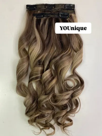 This is a customized set of 4 clip-in extensions with beautiful blonde highlights and curls. I can create custom sets to match any color or style you desire.
