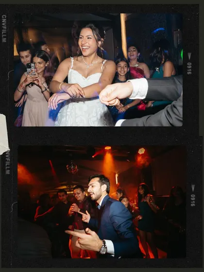 The party is on! This collage captures the bride and groom letting loose on the dance floor, surrounded by their friends and family. Pure, unadulterated fun.