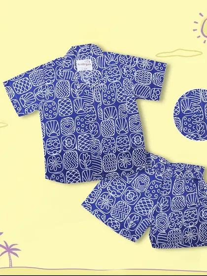 Here is our blue doodle-print co-ord set for boys. The unique pattern and comfortable fit make it a standout piece for any casual occasion this summer.