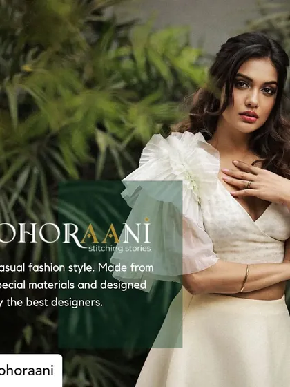 Our collaboration with Bohoraani brings our designs to a wider audience. This image highlights the casual yet chic fashion style of our special materials and designer pieces.