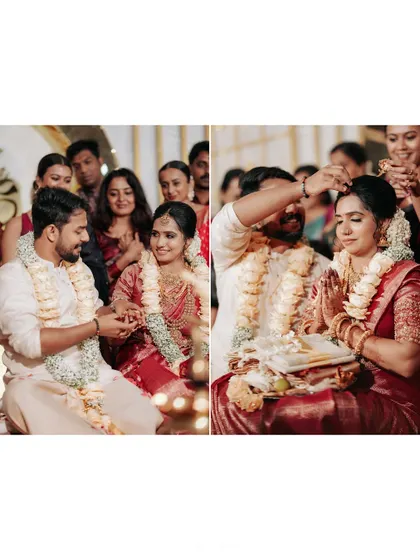 A diptych of key ceremony moments, from exchanging rings to the groom applying sindoor, captured with a focus on emotion.