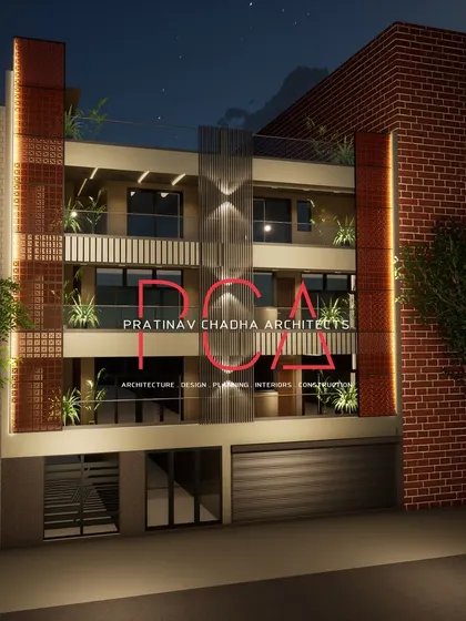 A 3D visualization of the Outram Lines residence facade, showing an early design concept with brick elements and terracotta jaalis.