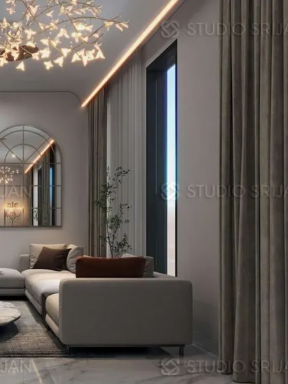 A view of the seating arrangement in the Mansarovar Garden lobby, showing the elegant curtains and the arched mirror that adds a classic touch.