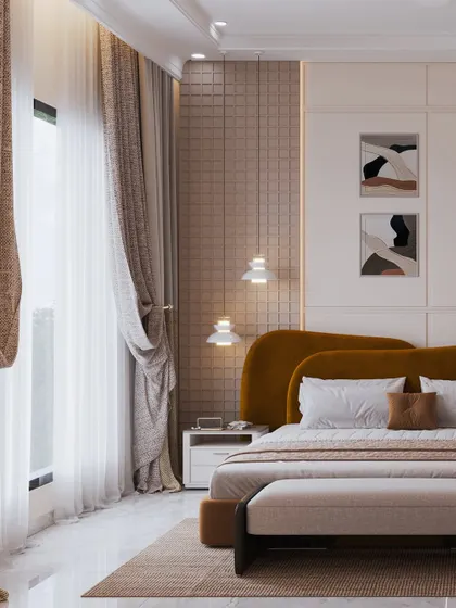 A full view of the bed, highlighting the layered textiles and the soft, pendant lighting.