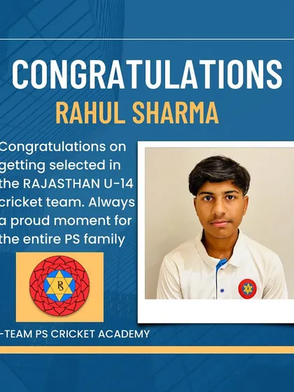 A proud moment for the entire PS family. Congratulations to Rahul Sharma for getting selected in the Rajasthan U-14 cricket team. We are proud of the hard work our coaches and Rahul have put in.