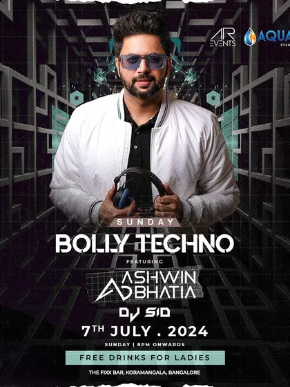 This flyer for a 'Bolly Techno' Sunday shows how I blend two powerful genres for an unforgettable weekend finale.
