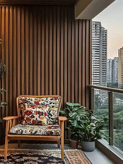 This cozy balcony corner features a comfortable armchair with a vibrant floral pattern, surrounded by plants. The wooden fluted wall adds warmth and texture, creating a perfect reading nook.