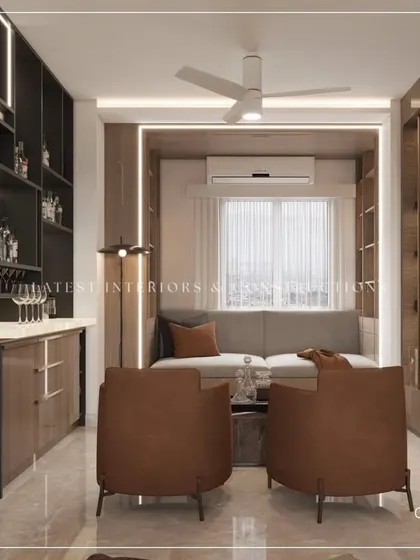 This room features a cozy seating nook by the window and a stylish home bar, making the bedroom a multi-functional living space. The dark wood and warm lighting create an intimate ambiance.