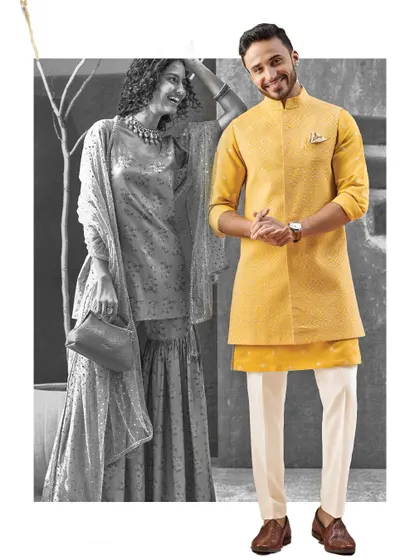 For the man who embraces bold style, we crafted this mustard yellow asymmetric kurta set. It is a confident statement of modern design and traditional charm, perfect for making a memorable entrance.