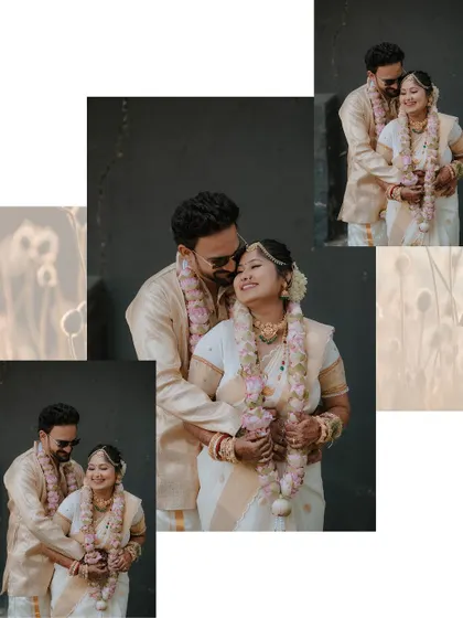 An artistic collage of the couple, blending romantic portraits with soft, natural elements for a dreamy feel.