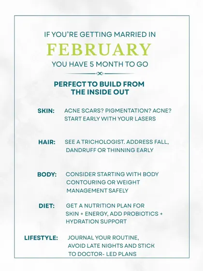 If you have 5 months until the wedding, it's the perfect time to build your skin's health from the inside out. Start early with lasers for acne scars or pigmentation.