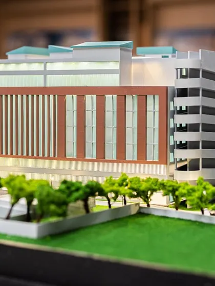 Another view of the Max Hospital Mohali model, highlighting the new block's facade and its relationship with the existing campus. The design carefully balances new construction with the established architectural language.