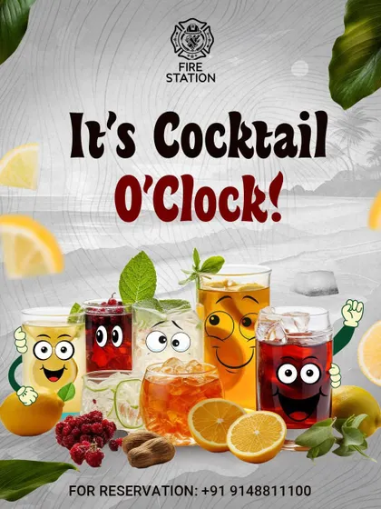 It's always cocktail o'clock here. A graphic showcasing a variety of our fun, character-filled drinks, ready for a party.