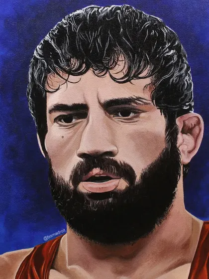 A tribute to Indian wrestler Ravi Dahiya, painted with acrylics on a 12"x16" stretched canvas. This portrait highlights my ability to capture intense focus and physical features, making it a great piece for sports enthusiasts.