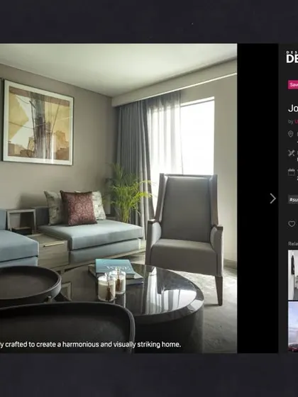 A screenshot from the Design Dekko feature, showing the cozy family lounge at the Jor Bagh Residence. The platform recognized the project for its harmonious and visually striking design.