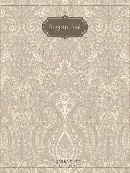 A swatch of the Begum Jaal wallpaper in a light, airy beige. This version of the dense paisley pattern is perfect for creating a sense of heritage and luxury while maintaining a bright and open feel in a room.