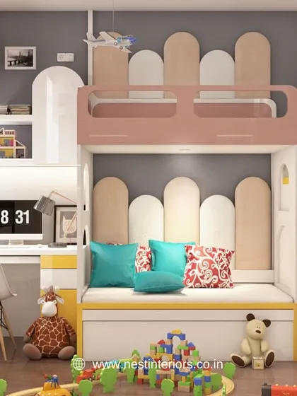 This 3D design shows a concept for a shared kid's room with a custom bunk bed that includes stairs with storage, a seating area below, and an attached study desk.