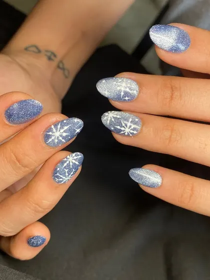 Even though it's not winter, I had to share these cute snowflake nails. The glittery blue base looks just like a snowy night sky.