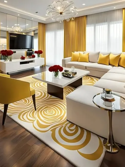 A bright and sunny living room with a yellow and white color palette. The sectional sofa with yellow cushions, matching armchair, and patterned rug create a cheerful and inviting atmosphere, complemented by a mirrored wall that enhances the sense of space.
