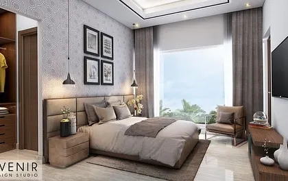A serene and stylish master bedroom rendering. The design features a neutral color palette, a comfortable upholstered headboard, and large windows for natural light.