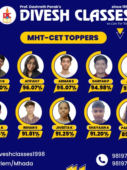 Presenting our MHT-CET toppers. With dedicated coaching for entrance exams, our students like Harsh and Afifah have achieved top percentiles, opening doors to their dream careers.